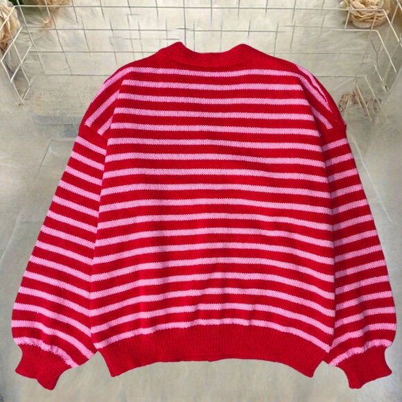 Red Casual Women's Striped Long Sleeve Cardigan - Picture 8 of 8